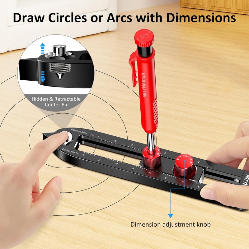 ARTYMASTER Multi-Function Scribing Tool, DIY Woodworking Scriber Line Maker, Portable Aluminum Alloy Woodworking Compass Scriber Tool, Inch Circle Marking Gauge,Deep Hole Carpenter Pencils 6 Refills. - Image 5
